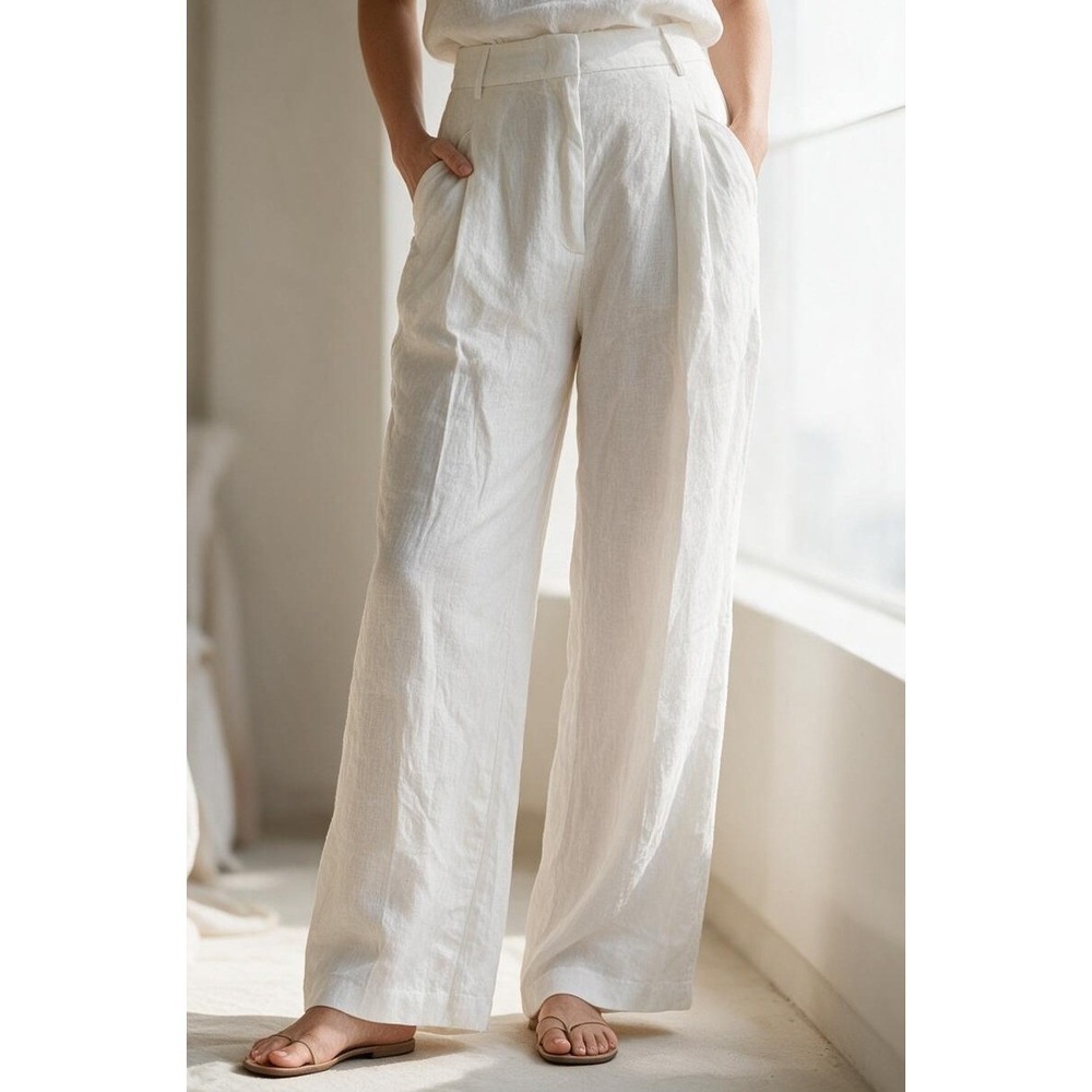 AEXAE White 100% Linen Pleated Wide Leg High Waisted Trousers Size XL